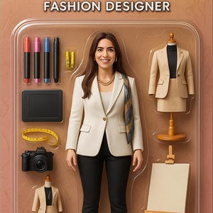 Op de afbeelding: Een speelgoedverpakking met 'Emma Fashion Designer'. De verpakking toont een pop in een witte blazer en zwarte broek, plus miniatuur accessoires: stiften, een tablet, een camera en een mannequin met een pak. Inclusief een ezel.