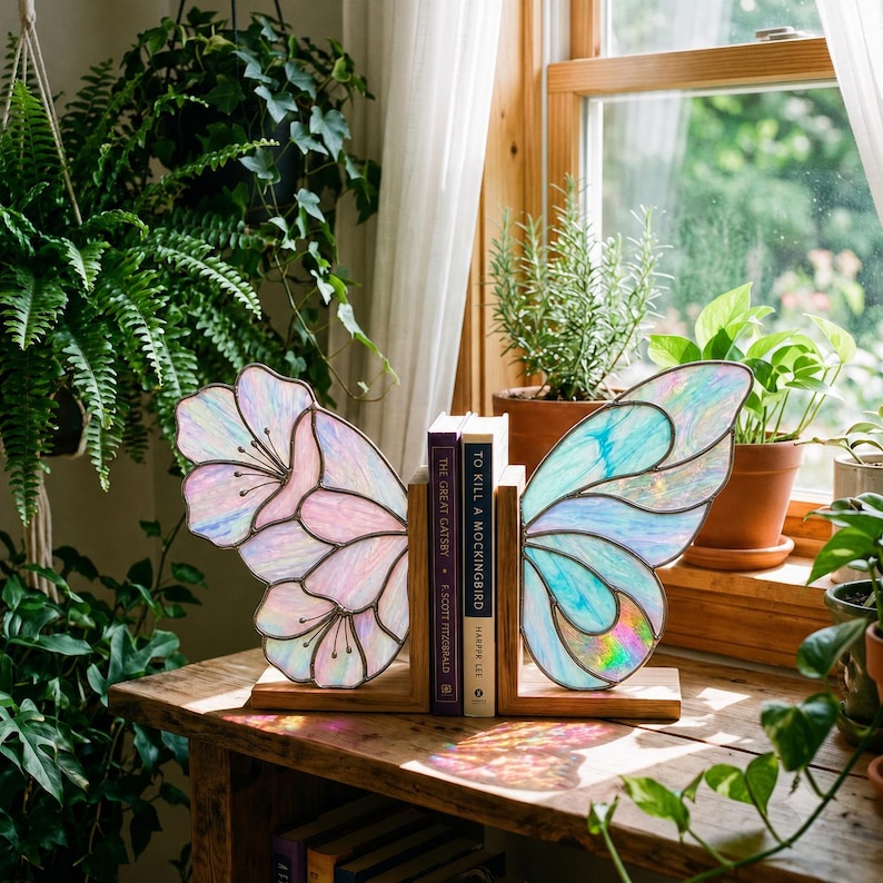 May include: A pair of stained glass bookends featuring iridescent butterfly wings with pink and blue hues, mounted on wooden bases. The left wing displays a floral pattern, while the right wing shows a segmented wing design, holding two books.