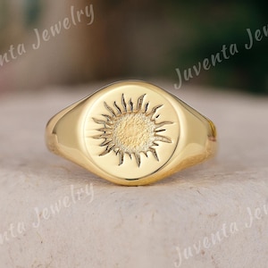 Signetring Solgraverad ring i gult guld Personliga armar Signetring för män Statement-smycken Solstråle Lillefingerring Present till henne och hans