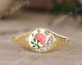 Individuell gestalteter Emaille-Siegelring mit Blumenmuster, personalisierter Geburtsblumenring von Natural Inspire für Sie, Art-Deco-Ring aus massivem Gold mit Moissanit-Cluster