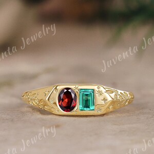 Two Stone Garnet Emerald Ring, Bezel Set Toi Et Moi Engagement Ring