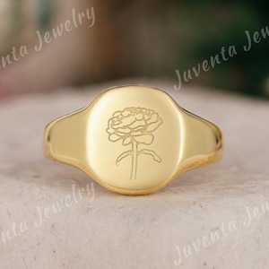 Unique Rose Signet Ring Yellow Gold Botanical Ring Engraved Rose Ring for Her Arm Signet Ring Personalized Birth Flower Ring Gift for Women
