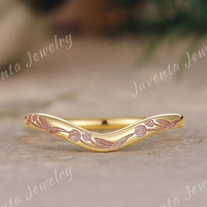 Nature Inspired Enamel Tulip Curved Wedding Band, Botanical & Birthflower Jewelry for Her, 14k Solid Gold Contour Wedding Ring