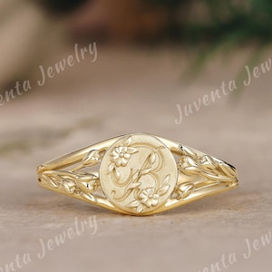 Art Deco Initial Signet Ring: 14K Gold Flower Band, Custom Monogram, Nature Inspired Gift
