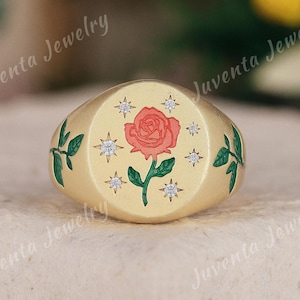 Art Deco Red Enamel Rose Signet Ring Yellow Gold Art Deco Arms Signet Rings for Women Natural Inspired Ring Romantic Statement Ring for Her