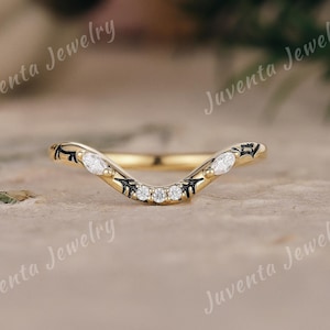 Anillo de boda curvo Art Deco con diseño de telaraña y esmalte dorado para mujer, anillo apilable único de moissanita, banda Chevron, regalo de aniversario.