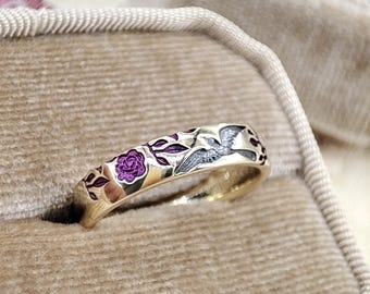 Einzigartiger Ehering mit floralem Emaille-Motiv, inspiriert von Blättern und Vögeln, für Damen, personalisierter Emaille-Schmuck, zarter Jahrestagsring