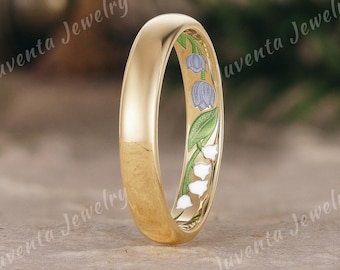 Nature Inspired Floral Enamel Ring Tulip Engraved Band Solid Gold Unique Personalized Birth Flower Engagement Ring Anniversary Gift