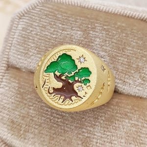 Custom Tree Enamel Signet Ring Handmade Enamel Jewelry Moissanite Ring for His and Her Yellow Gold Plated Arm Signet Ring Personalized Gift