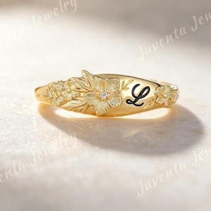 Custom Floral Initial Ring, Moissanite Monogram Signet, 14K Gold Flower Jewelry