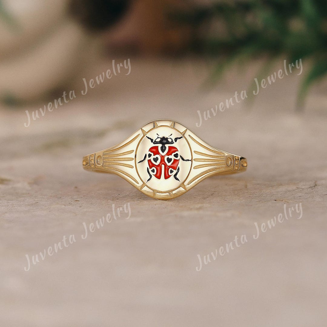 Signet Insect 14k Gold Beetle Enamel Signet Ring, Vintage Insect Jewelry, Ladybug ...