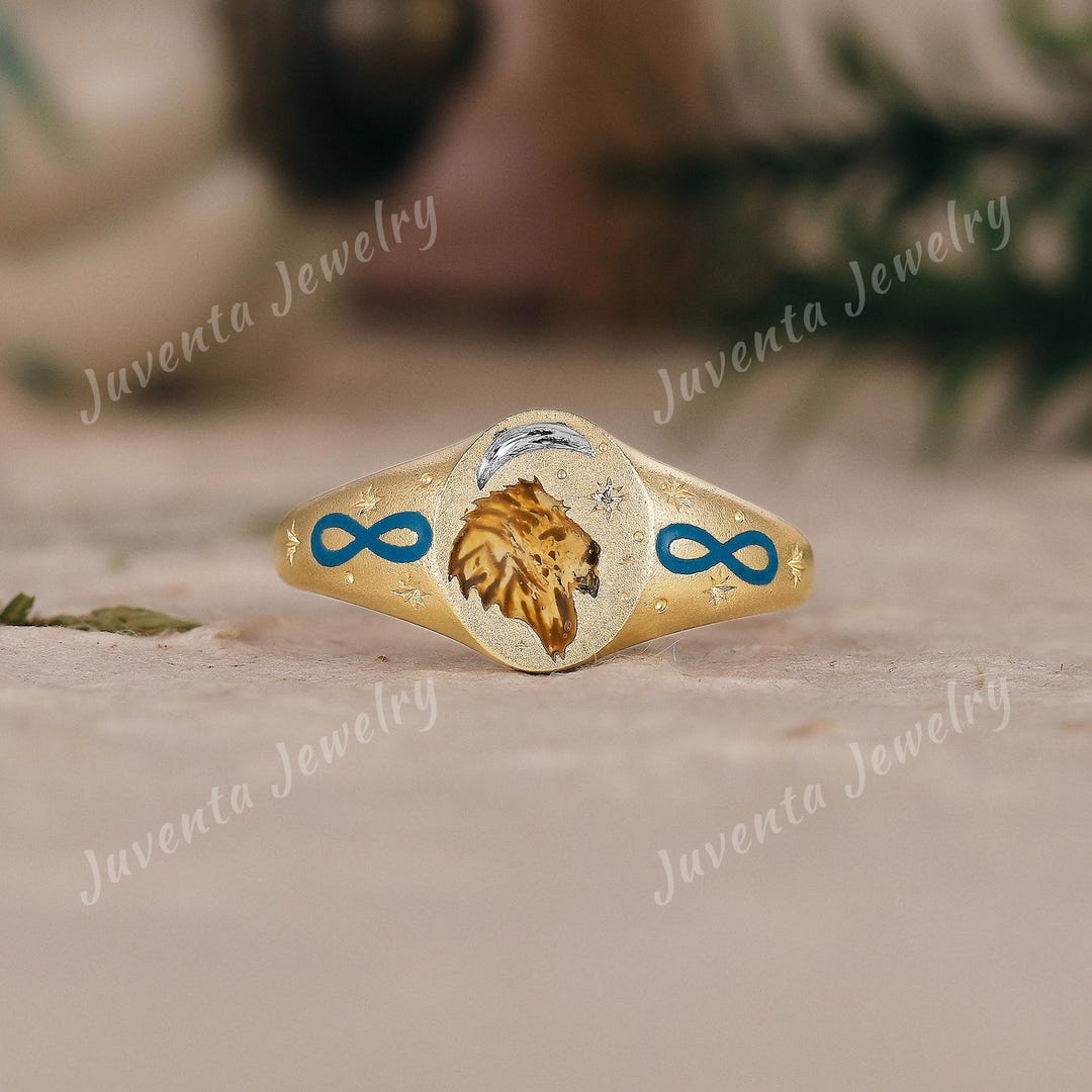 Infinity Signet Ring Unique Enamel Lion Engagement Ring Custom Nature Inspired Celestial ...