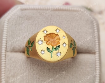 Art-déco-Siegelring mit Ringelblumen-Emaille, massives Gold, von der Natur inspiriert, personalisierter Schmuck, Geburtsblumen-Ring für den kleinen Finger