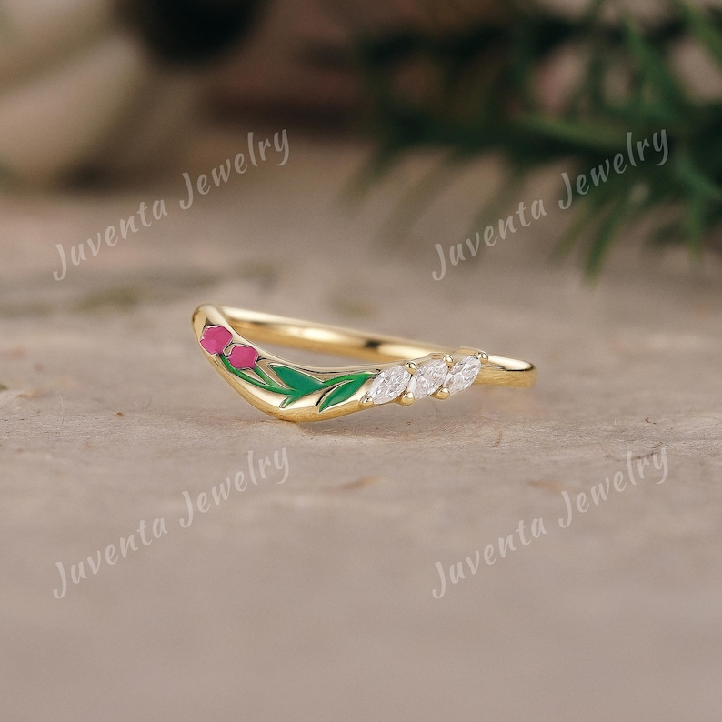 Art Deco Enamel Tulip Curved Wedding Band Unique Handmade Enamel Floral ...