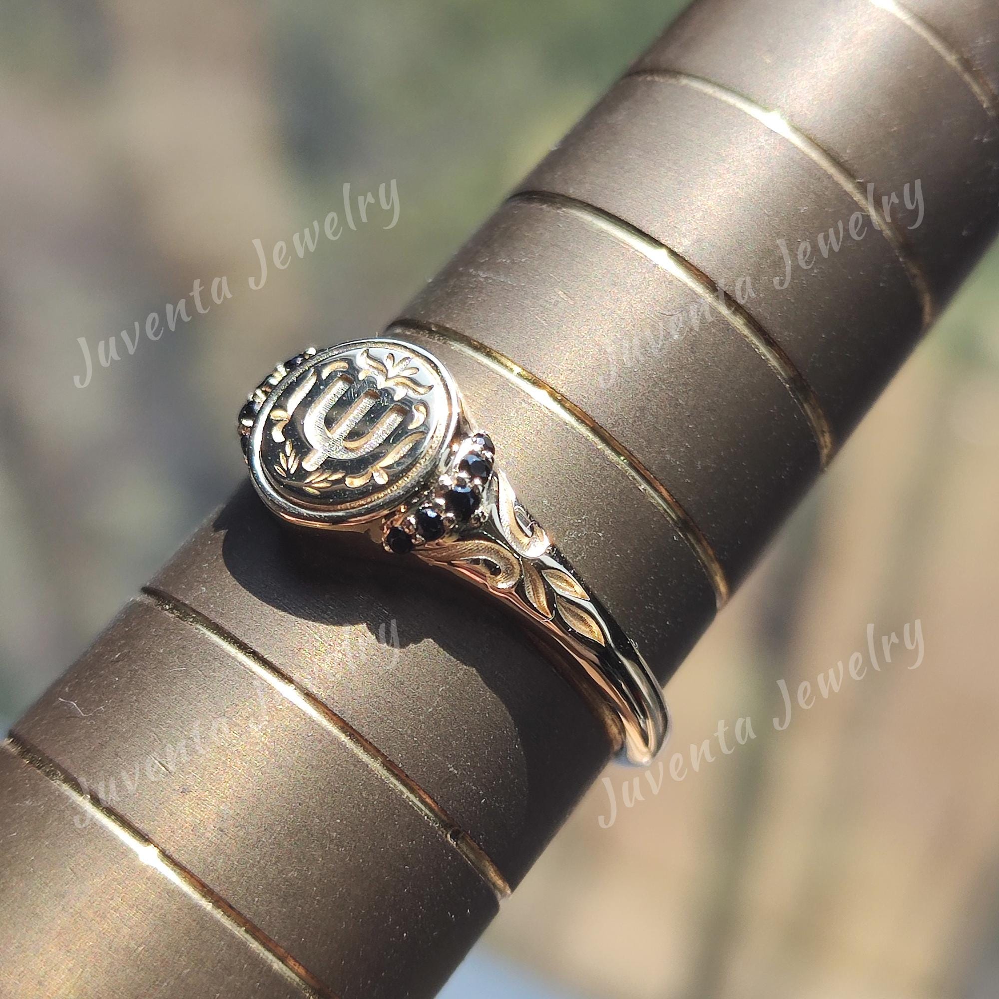 Unique Natural Inspired Letter Signet Ring for Women Personalized Black ...