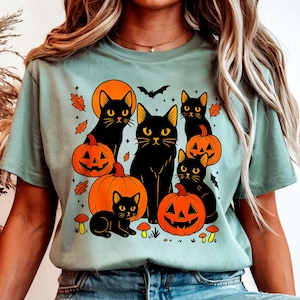 Vintage Halloween T-Shirt: Black Cat & Pumpkins Comfort Colors Tee