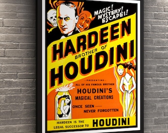Può includere: Poster vintage incorniciato che pubblicizza Hardeen, fratello di Houdini. Il poster presenta una combinazione di colori giallo e arancione con il testo "MAGIC! MYSTERY! ESCAPES!" e "HOUDINI'S MAGICAL CREATIONS."