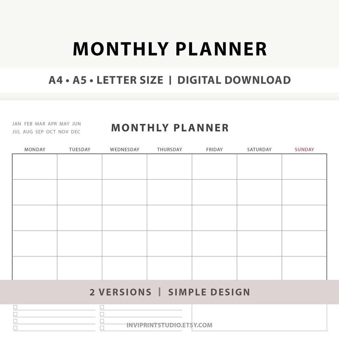 Minimalist Monthly Planner Printable: A4 A5 Letter Size (digital