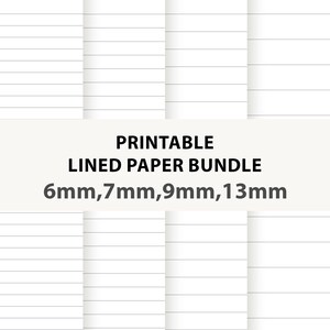 Könnte beinhalten: Ein digitaler Download eines druckbaren linierten Papierbündels. Das Bild zeigt verschiedene linierte Papierstile mit unterschiedlichen Zeilenabständen: 6 mm, 7 mm, 9 mm und 13 mm. Der Text "PRINTABLE LINED PAPER BUNDLE" wird fett dargestellt.