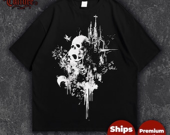 Gothic Skull Cathedral T-Shirt Dark Church Art Occult Streetwear Gothic Grunge Tee