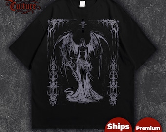 Gothic Angel Wings T-shirt donker streetwear gegraveerd lineair ontwerp zwart grafisch T-shirt
