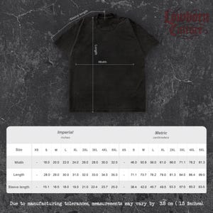 May include: Black t-shirt with measurements for width, length, and sleeve length in inches and centimeters. The t-shirt sizes range from XS to 5XL. The text "Lowborn Culture" is in the upper right corner.