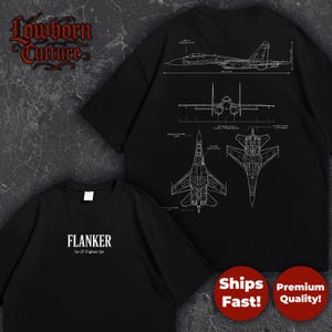 May include: Black t-shirts with white graphics. One shirt displays the word "FLANKER" and "Su-27 Fighter Jet". The other shirt features detailed diagrams of a jet aircraft. The Lowborn Culture logo is visible in the upper left corner.