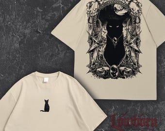 Witchy Black Cat T-Shirt: Gothic Skull Art, Dark Academia Streetwear