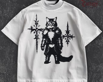 Camiseta de caballero gato medieval: diseño gótico de gato con armadura