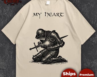 Medieval Knight Armor T-Shirt Woodcut Art My Heart Vintage Crusader Graphic Tee