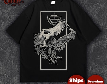 Wolf Skull omgekeerd kruis T-shirt Gothic Occult Satanic Dark Beast Streetwear Grunge Tee
