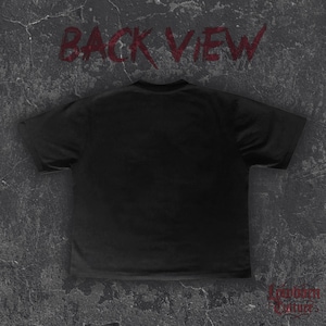 May include: Black t-shirt with the words "BACK VIEW" in red, stylized text across the top. The bottom right corner features the text "Forbidden Culture" in a decorative font. The shirt is displayed on a textured, gray background.