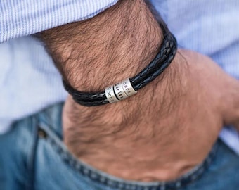 Bracelet en cuir tressé pour homme personnalisé, prénoms personnalisés en perles pour papa, bijoux pour homme, cadeaux pour mari, cadeau de fête des pères grand-père