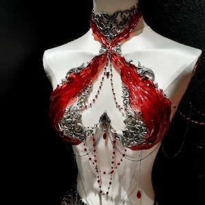 Handmade Red Rave Corset Top – Gothic Resin Silicone Bustier, Festival Rave Outfit, Fantasy Armor Lingerie, EDM, Burningman Outfit