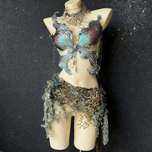 Handmade Purple Butterfly Fairy Rave Outfit, Fantasy Corset & Festival Skirt, Handmade Rave Costume, Forest Goddess Skirt, Halloween Costume