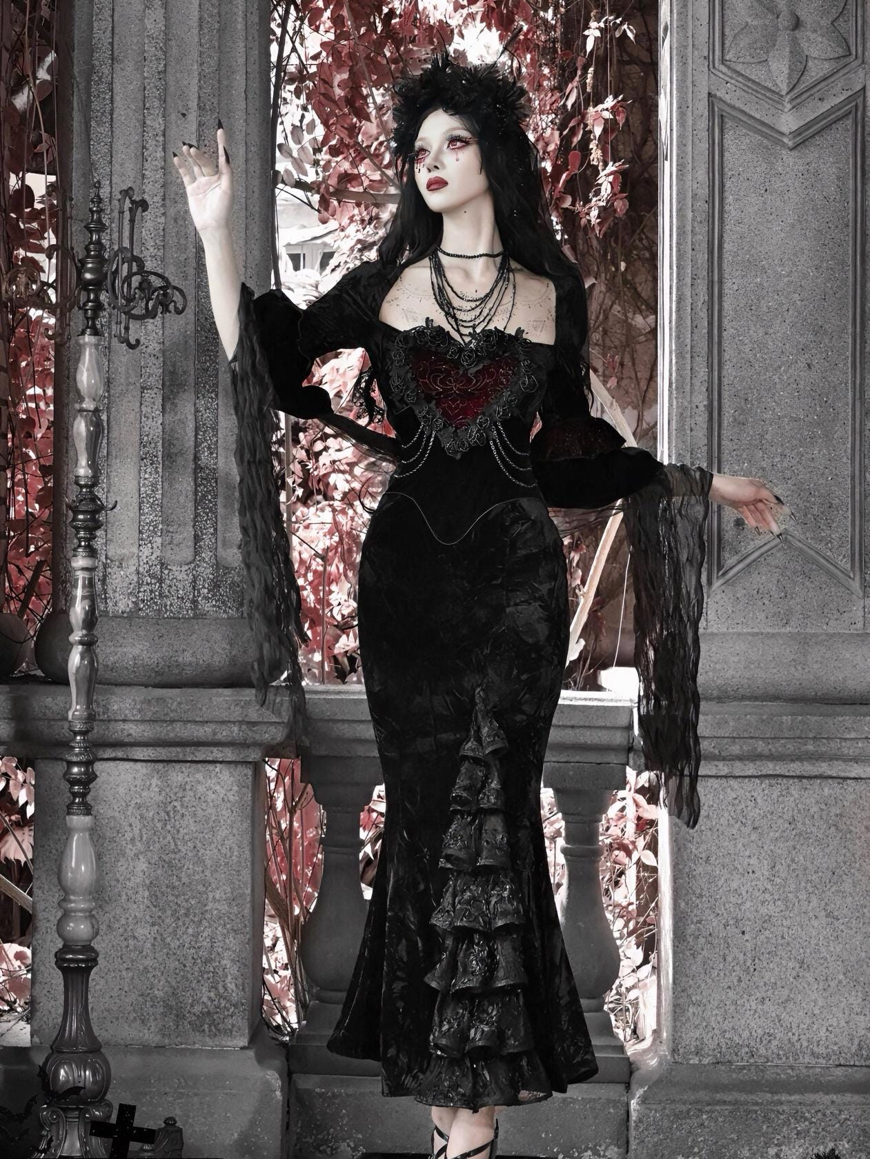 Robe Gothique Topshop - Velours Noir/Gris Avec Perles - Taille US 6/EU 38 - Neuf Sans Étiquettes