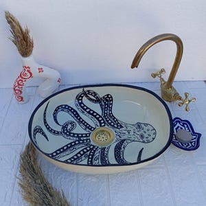 Hand Painted Octopus Ceramic Sink – Handmade Moroccan Vessel Sink – Artistic Bathroom Basin – Unique Nautical Bathroom Decor – Artisan Pottr