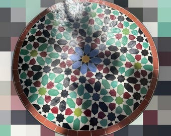 Handmade Zellige Patio Mosaic Table - Mid-Century Tile Coffee and Dining Table - Blue Mosaic Table