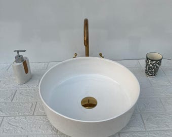 Handmade round Moroccan ceramic washbasin in off-white - Countertop washbasin, customizable sink