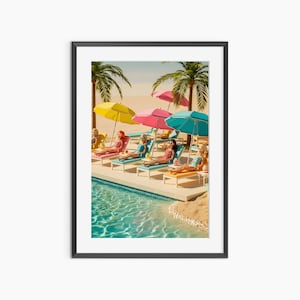 May include: A framed print depicts a sunny poolside scene with dolls lounging on chairs under colorful umbrellas. Palm trees and a pool with turquoise water create a vibrant, summery atmosphere. The dolls are dressed in various swimsuits, enjoying the beach.