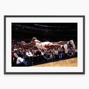 May include: Framed photograph of a basketball player mid-air, reaching for the ball. The player wears a red and white uniform with the number 91. The background shows a crowded arena with spectators.