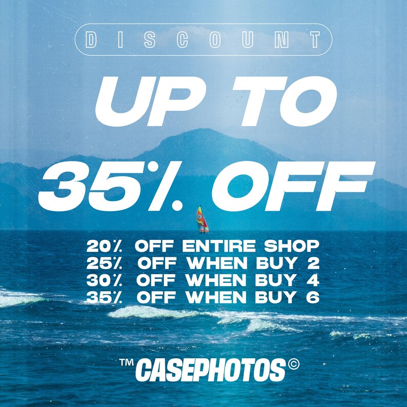 The image is a promotional poster for a sale at a shop, featuring a sailboat on the ocean and a mountain in the background.