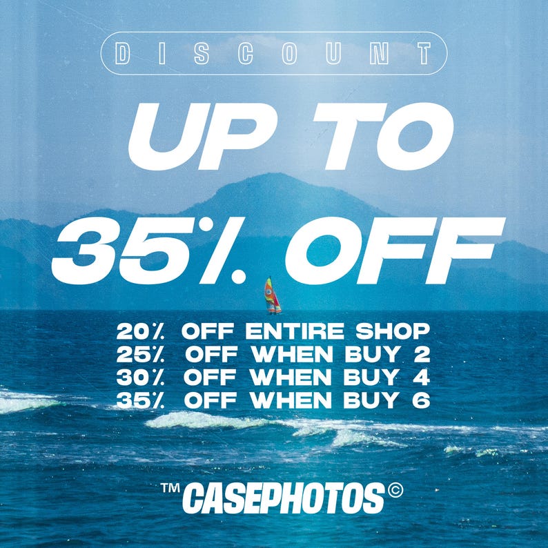 The image is a promotional poster for a sale at a shop, featuring a sailboat on the ocean and a mountain in the background.