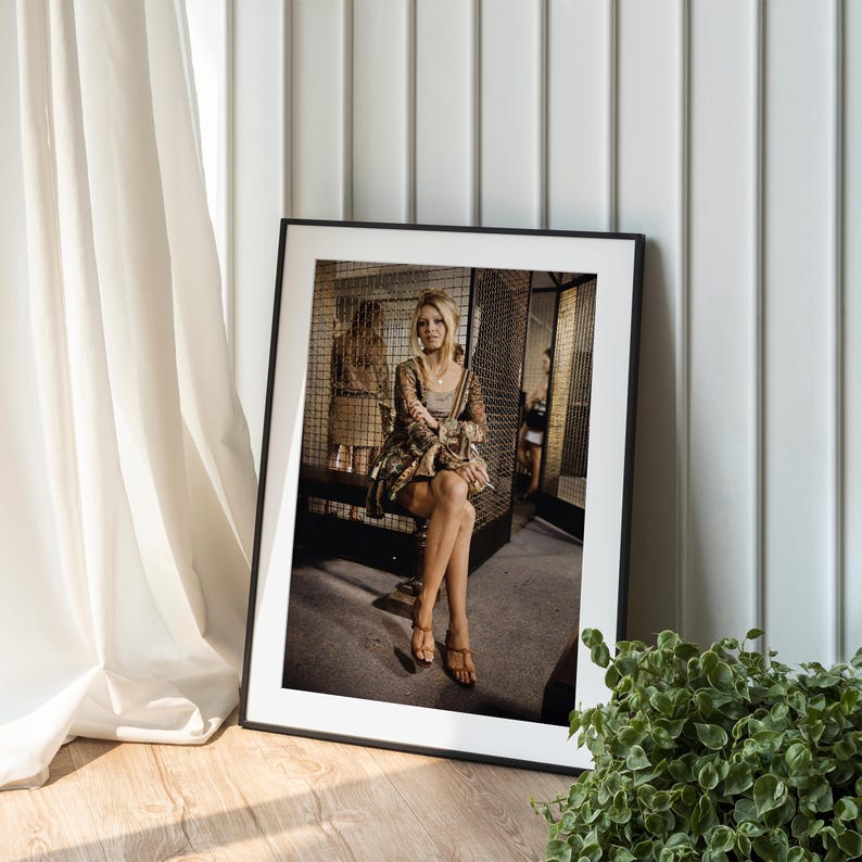 A framed photograph of a woman sitting on a bench, wearing a floral dress, is displayed on a wooden floor next to a potted plant.