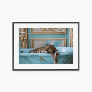 Leopard in Bathtub, Photography Prints, Bathroom Wall Art, Fine Art Print, Aesthetic Room Decor, Museum Quality Photography Poster