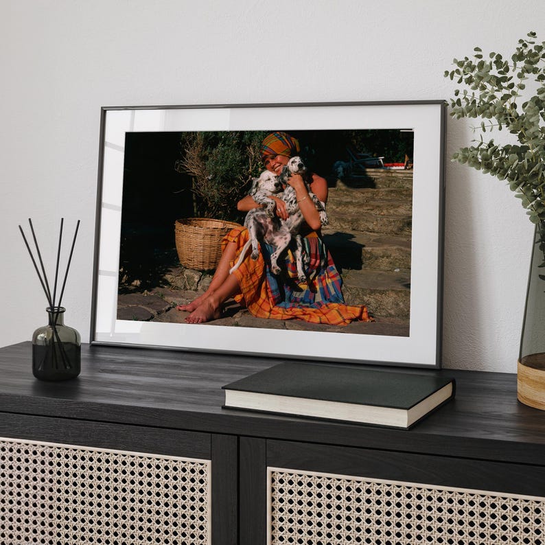 A framed photograph of a woman sitting on a stone step, holding a dog, is displayed on a wooden cabinet.