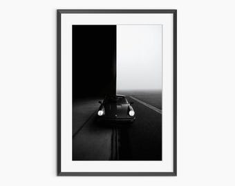 Vintage Porsche-poster, retro-autoprint, klassiek Porsche-model, fotografie-prints, zwart-witprint, museumkwaliteit fotokunstdruk