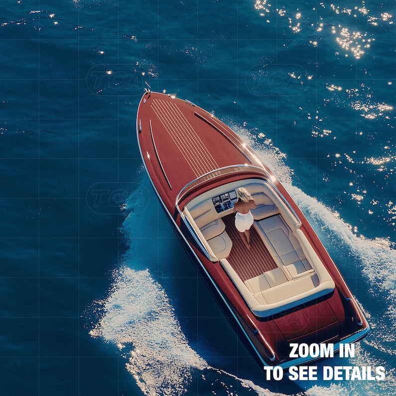 a red boat with the words zoom in to see details
