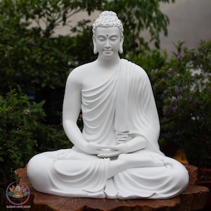 Large Shakyamuni Buddha Statue 22.4 inches – White Meditation Buddha Sculpture for Home Altar or Garden Decor