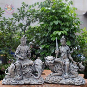 Manjushri & Samantabhadra Bodhisattva Statues: Composite Stone Finish, Buddhist Deities